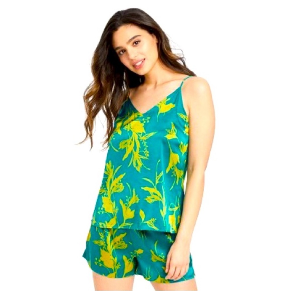 stars above Teal and Yellow Floral Satin Cami Shorts Pajama Set